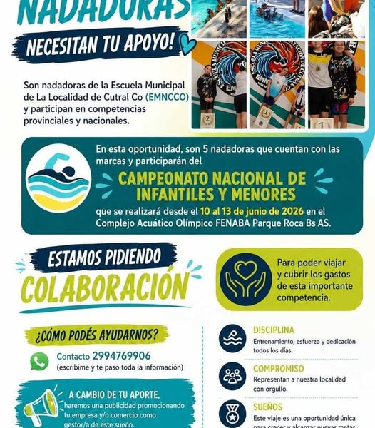 Cinco nadadoras de Cutral Co representarán a la ciudad en el Nacional de Natación y lanzan campaña solidaria