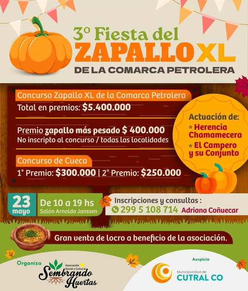 La comarca se prepara para vivir una nueva edición de la Fiesta del Zapallo XL, que se realizará el sábado 23 de mayo de 10 a 19 horas en el Salón Arnoldo Janssen, con una amplia propuesta que combinará producción, gastronomía, música y actividades culturales para toda la familia.